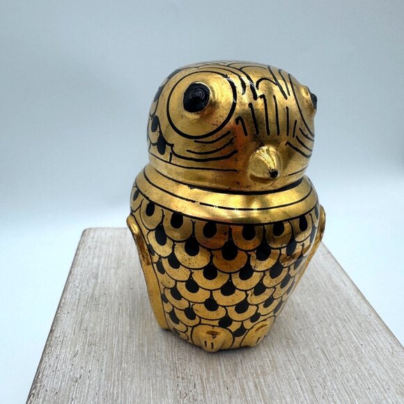 Vintage Hand Painted Burmese Gold & Black Lacquerware Owl Trinket Boxes delicate - Picture 2 of 12